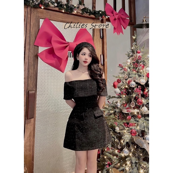 Váy Trễ Vai Dạ Tweed Chữ A Bồng Dự Tiệc Sang Chảnh Đầm Hai Lớp Lấp Lánh Mút Ngực Quần Trong Ảnh Thật Tự Ch