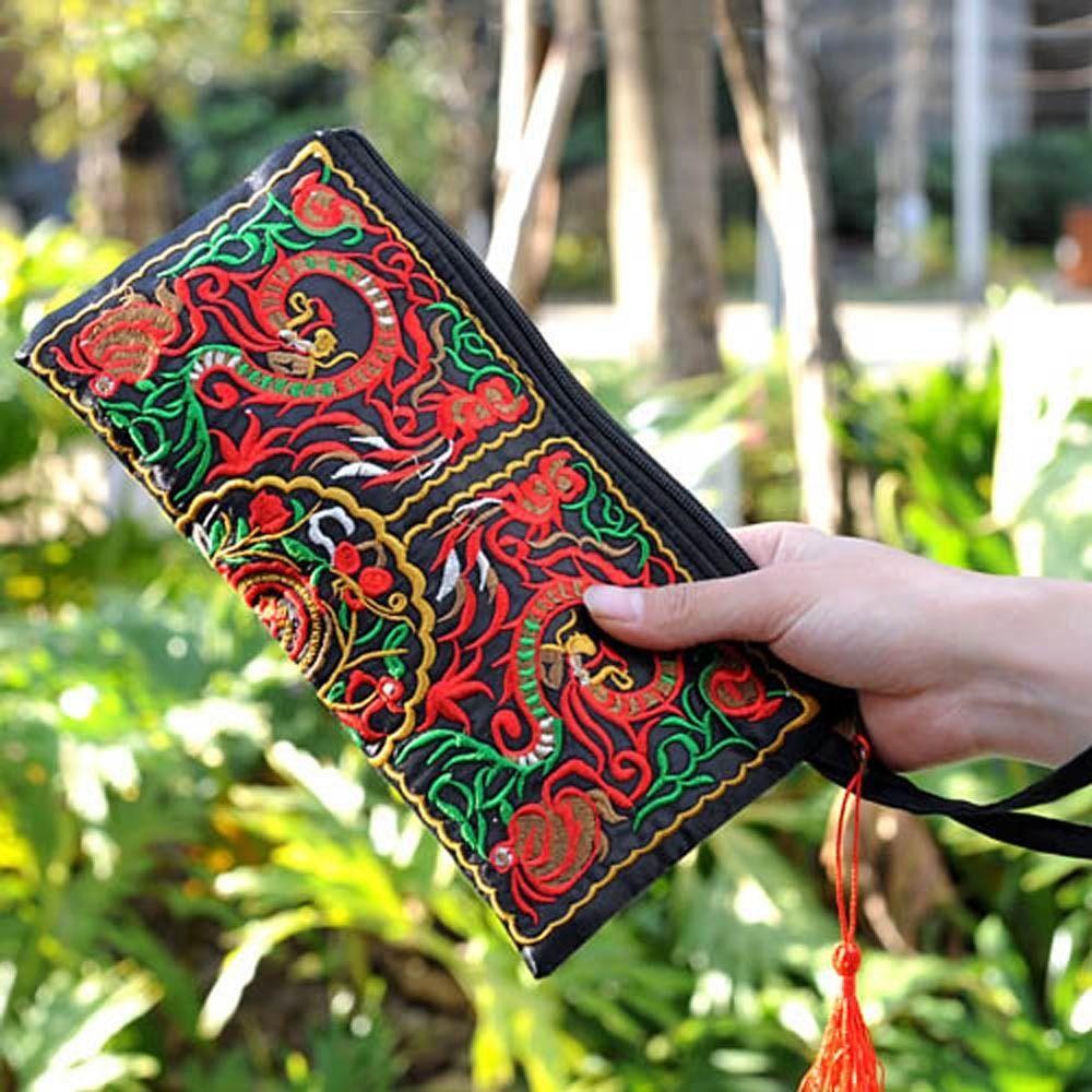 Ví Đựng Tiền Xu WMES15H Thêu Họa Tiết Thổ Cẩm Có Khóa Kéo Và Dây Đeo Cho Nữ