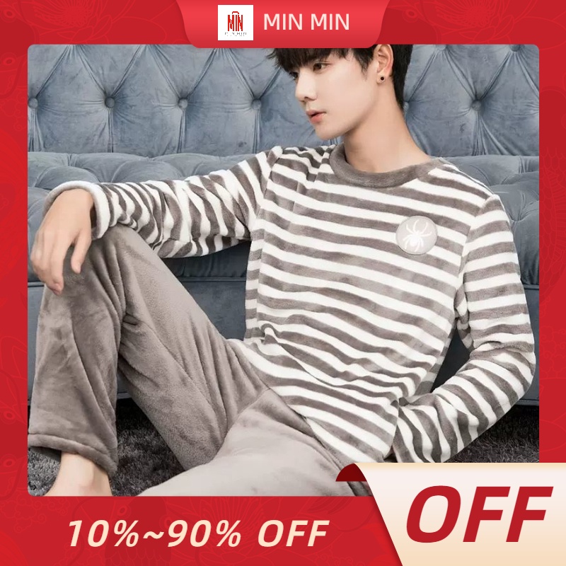 Bộ Đồ Ngủ Pijama Lót Lông Cừu San Hô Siêu Dày Giữ Nhiệt Mùa Đông Cho Nam F