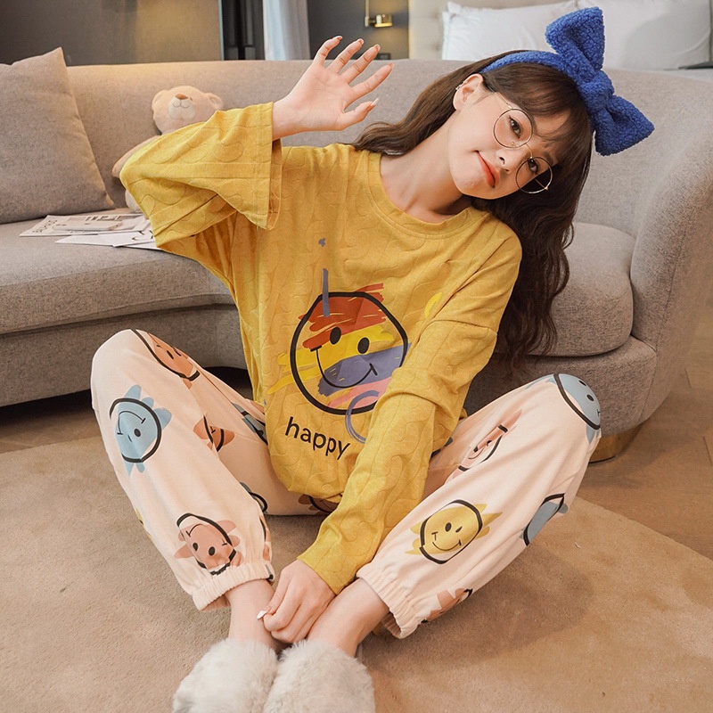 Bộ Đồ Ngủ Chất Liệu Cotton Tay Dài Họa Tiết Kẻ Sọc Đơn Giản Thời Trang Xuân Thu Cho Nữ