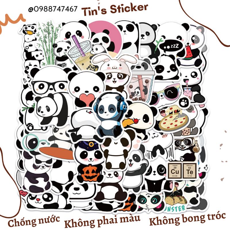 Set combo 50 miếng dán sticker gấu trúc dễ thương đáng yêu dán nón mũ bảo hiểm laptop vali sổ tay đàn guitar điện thoại