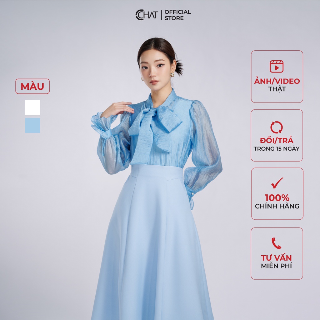 Áo Sơ Mi Nữ 𝐂𝐂𝐇𝐀𝐓 Cổ Nơ Tay Nhún Chất Voan Cao Cấp Mềm Mịn 62FDV2001ST