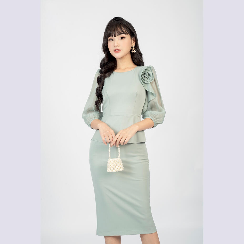 Đầm dáng bút chì, tà peplum, tay dài phối voan MMOutfit DA0222435