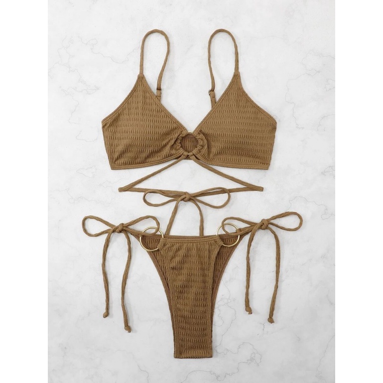 Bộ Bikini Buộc Dây Hình Tròn Màu Cà Phê H657