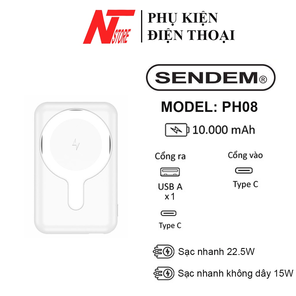 Pin sạc dự phòng không dây từ tính SENDEM PH08 10000Mah sạc nhanh không dây 15W/ PD22.5W, Hàng chính hãng