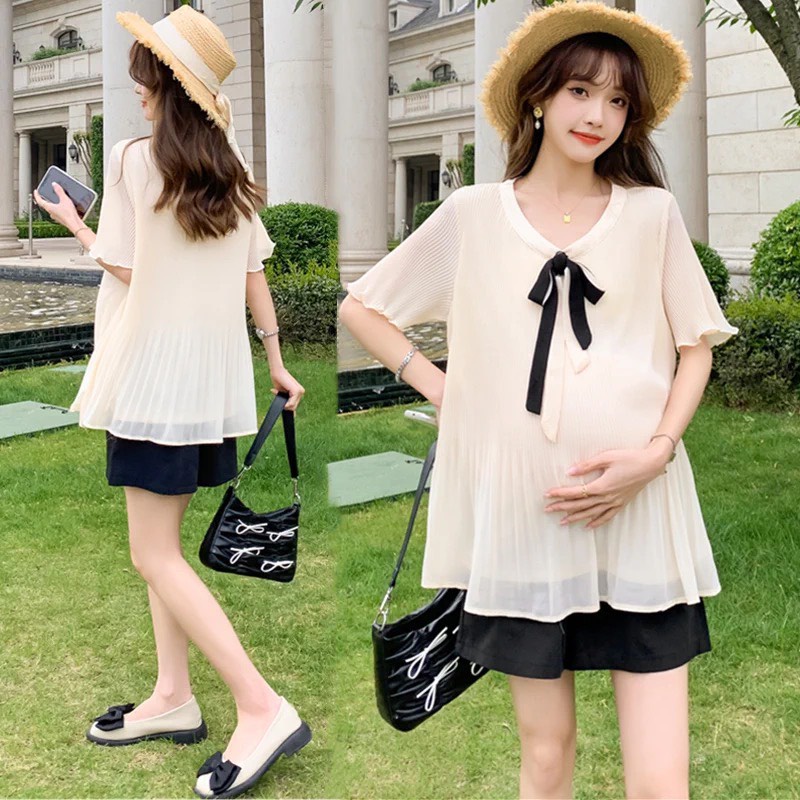 Áo bầu thiết kế babydoll phối nơ trước ngực đẹp ,sang chảnh cho mẹ bầu mùa hè A30