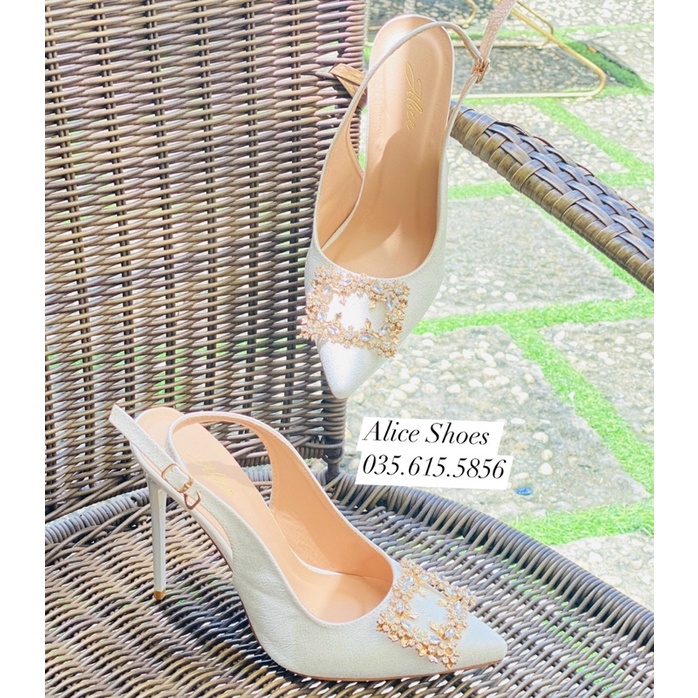 Giày Cao Gót mint Gót Nhọn bít mũi Quai Hậu Phối Nơ Đá, Nơ Ngọc 9P, 11P - Hàng VNXK Cao Cấp - Full Size 34-42