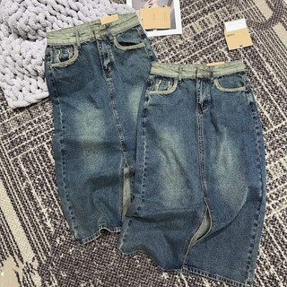 Chân váy jean cạp cao phối viền tua rua, váy bò dáng dài denim skirt QCL1