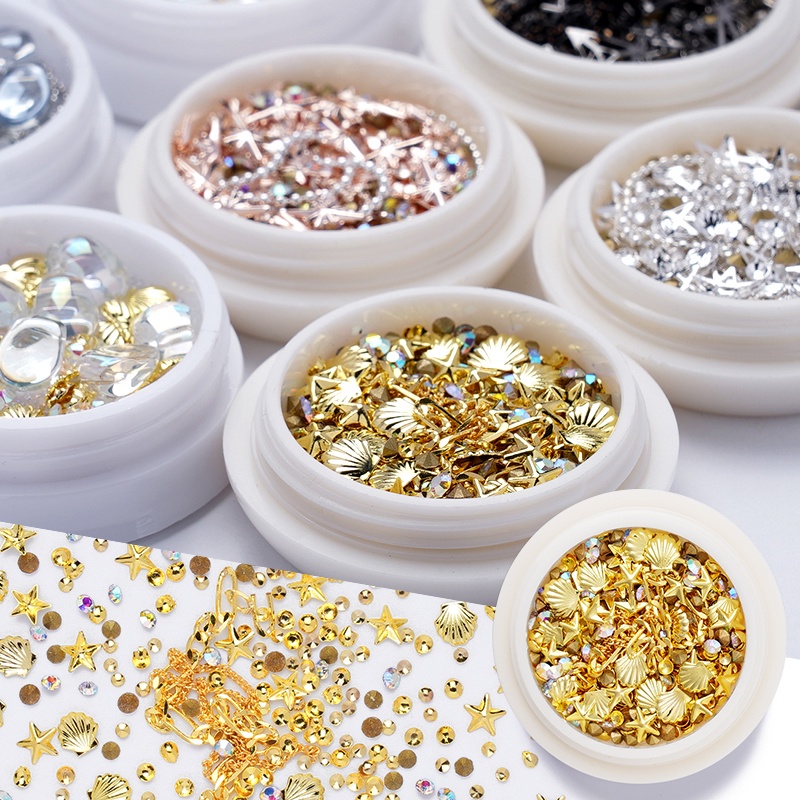 Hộp phụ kiện đính trang trí móng tay nghệ thuật DIY UR SUGAR kiểu dáng trái tim đá nhân tạo vỏ sò kim loại hỗn hợp