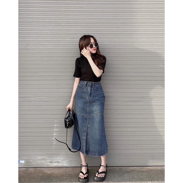 Chân váy jeans dáng dài xẻ lưng cao Cuahangjeans