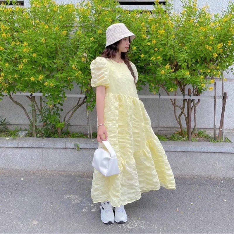 Váy Đầm Babydoll Dáng Dài Maxi Tay Bồng Chất Vải Tơ Mềm Mịn Thoáng Mát Phong Cách Dễ Thương Baby