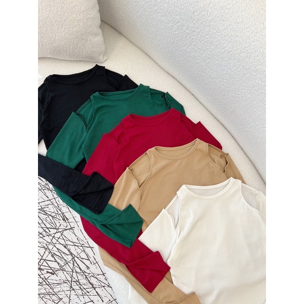 Áo Khoét Vai Tay Dài Thun Gân Dáng Ngang Rốn