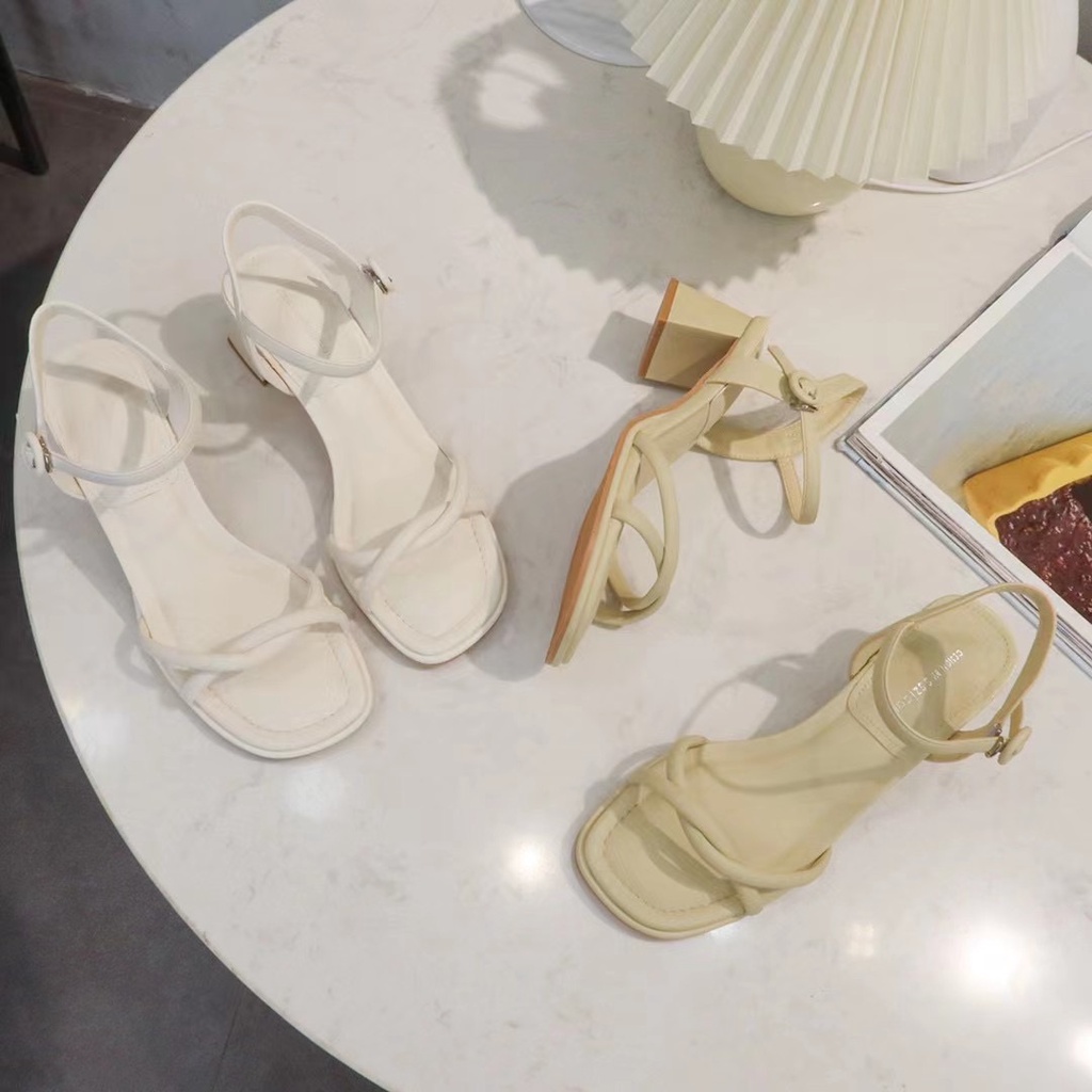 Sandal cao gót 5P quai chéo Womenstyle, giày cao gót đế vuông basic 4 màu trắng đen kem vàng mã TD33