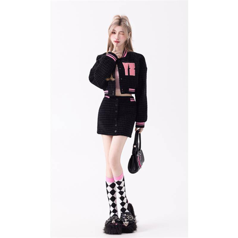 Set Áo Khoác Bóng Chày Dáng Rộng Phối Chân Váy Thời Trang Cá Tính Cho Nữ