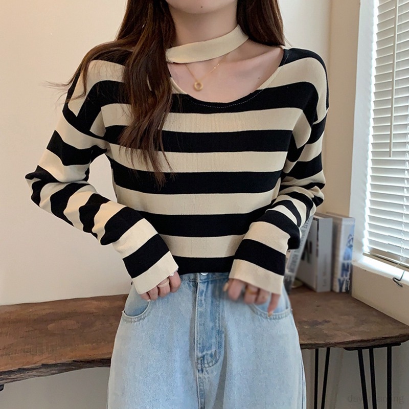 Áo Sweater Tay Dài Hoạ Tiết Kẻ Sọc Thời Trang Xuân Thu Cho Phái Nữ
