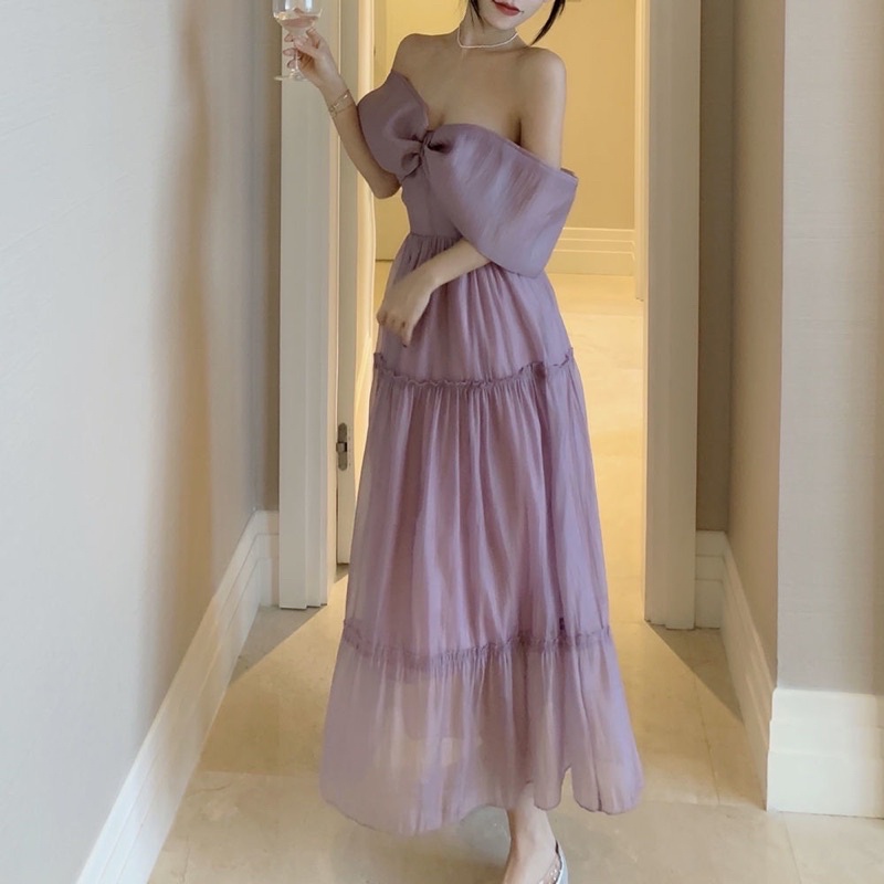 Đầm Trễ Vai Phối tay Nơ Dáng Dài Xòe 2 Lớp Màu Tím hồng Ngọt Ngào, Đầm Maxi tiểu Thư Phong Cách Pháp