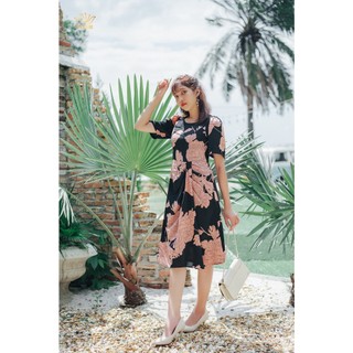 Đầm form A thời trang trung niên TTV1075 thiết kế TTV Store Cổ tròn tay ngắn Đen hoa trẻ trung