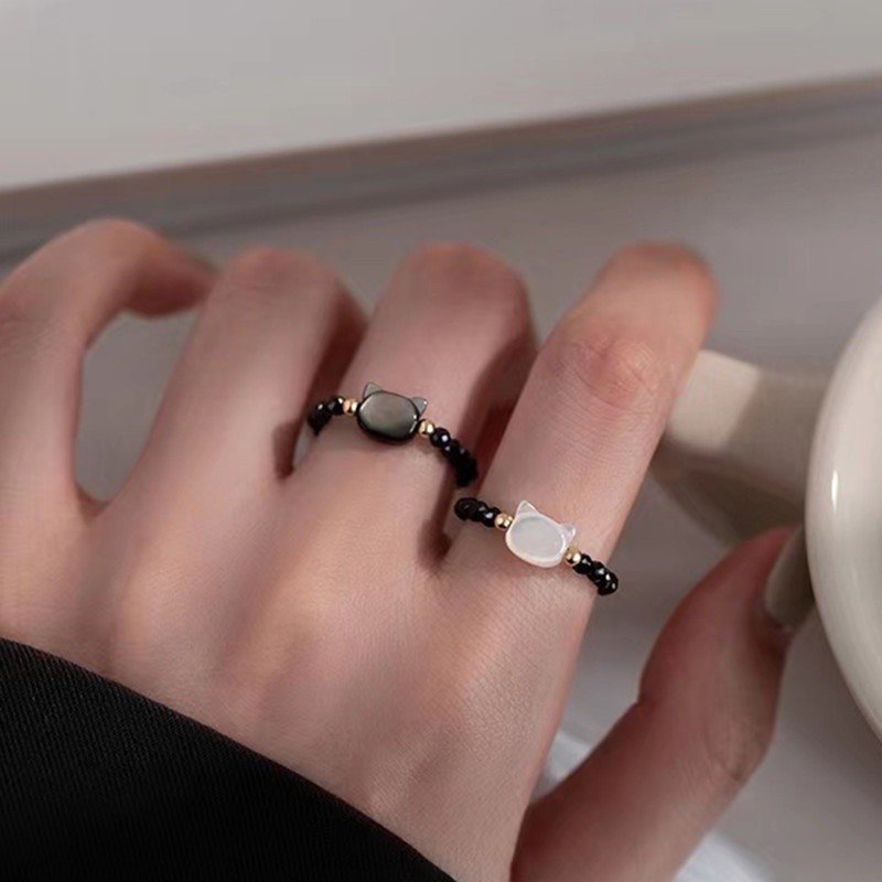Nhẫn Cặp Xỏ Hạt Trắng Đen Đơn Giản Thời Trang Hình Mèo Dễ Thương Cho Cặp Đôi