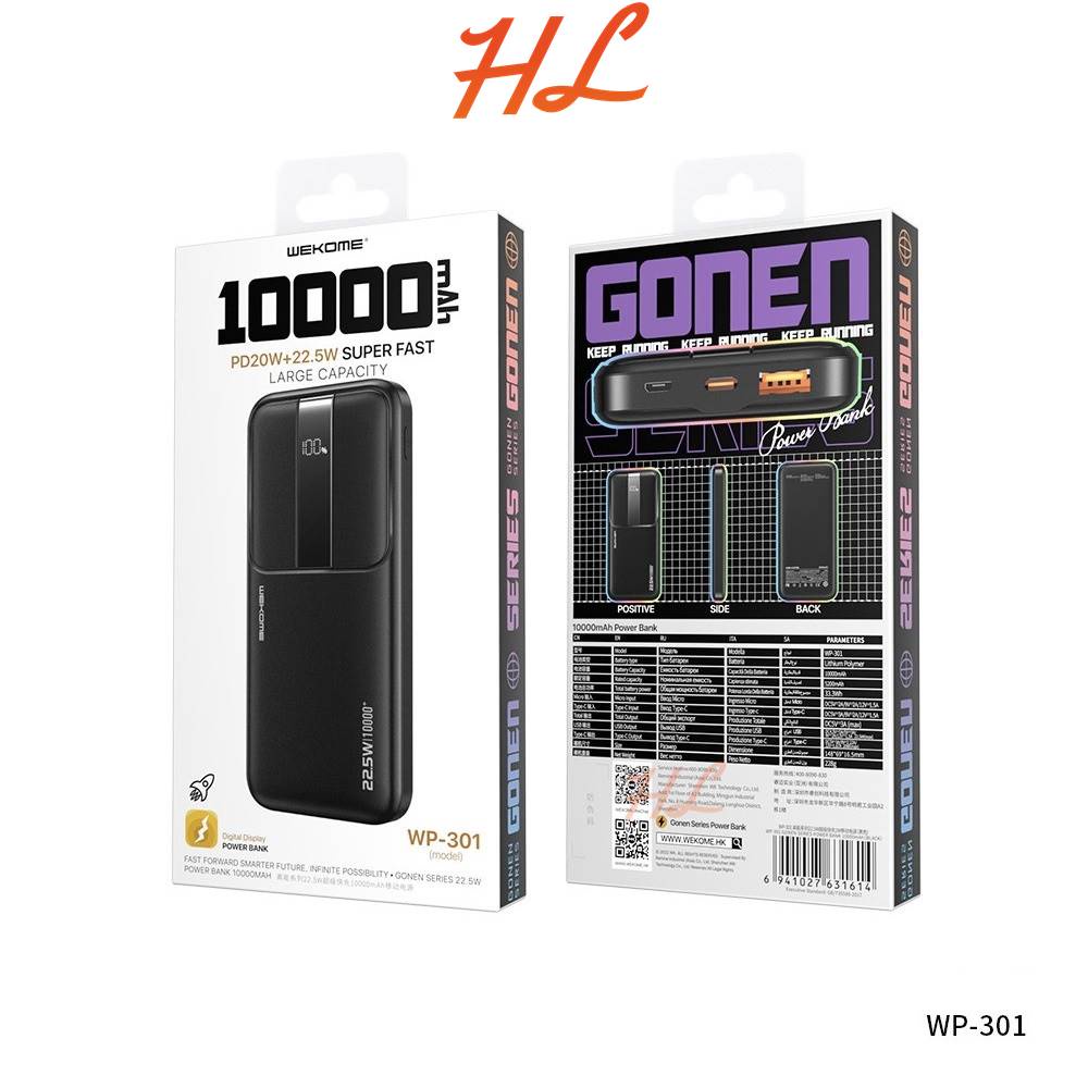 Pin Dự Phòng WEKOME WP-301 10000mah - Sạc Nhanh PD20W, QC3.0 18W, 22.5W - BH 1 năm - Hunglongpc