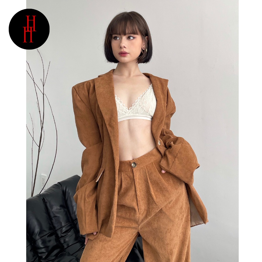 Áo blazer nữ dáng rộng màu nâu HAK20 Hỉn Hỉn Store