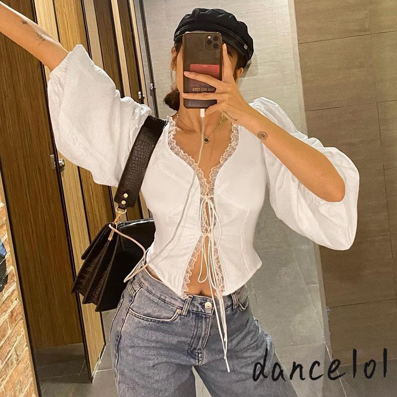 Áo Ren Tay Dài Cổ Chữ V Thắt Dây Ruy Băng dance1o1 Nữ Tính Cho Mùa Xuân Thu