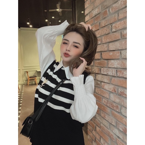 ÁO LEN GILE KẺ TẶNG KÈM TAG ĐEN TRẮNG