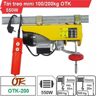 Máy tời điện mini tải 100kg/200kg công suất 550w vận tốc 10 mét/phút cáp dài 20m điện 220v hiệu otk bảo hành 6 tháng