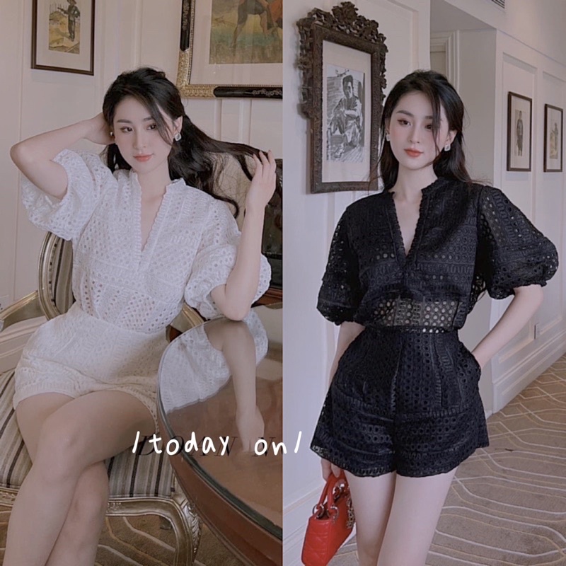 Set ren tay bồng dáng tiểu thư hai màu đen trắng