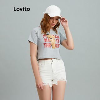 Áo thun Lovito dáng croptop cổ tròn in hình gấu mặc thường ngày L10981 (Màu xám)