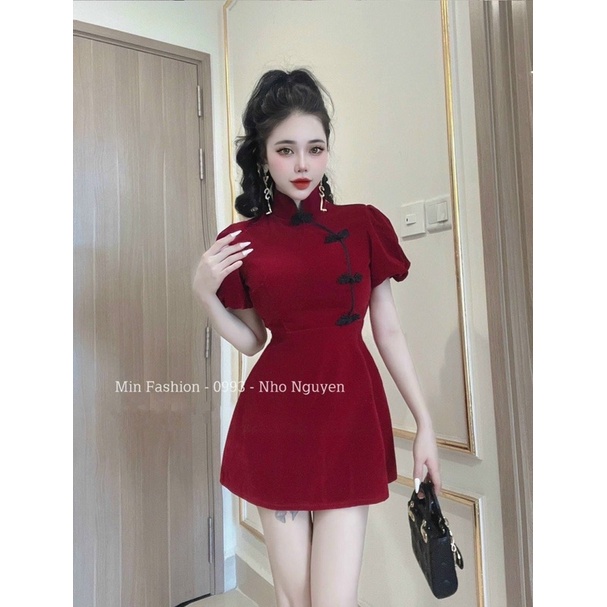 { Có Ảnh Thật } BIG SIZE Đầm Nhung Cổ Tàu Tay Phồng 60-93kg