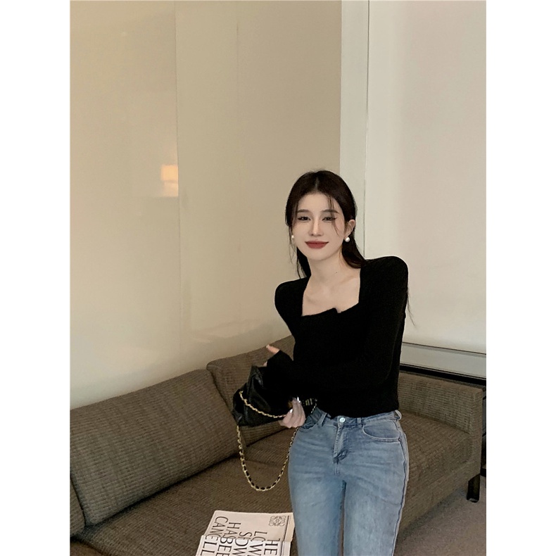 ZHELIHANGFEI Áo Dệt Kim Tay Dài Cổ Vuông Lưng Cao Quyến Rũ Thời Trang Cho Nữ