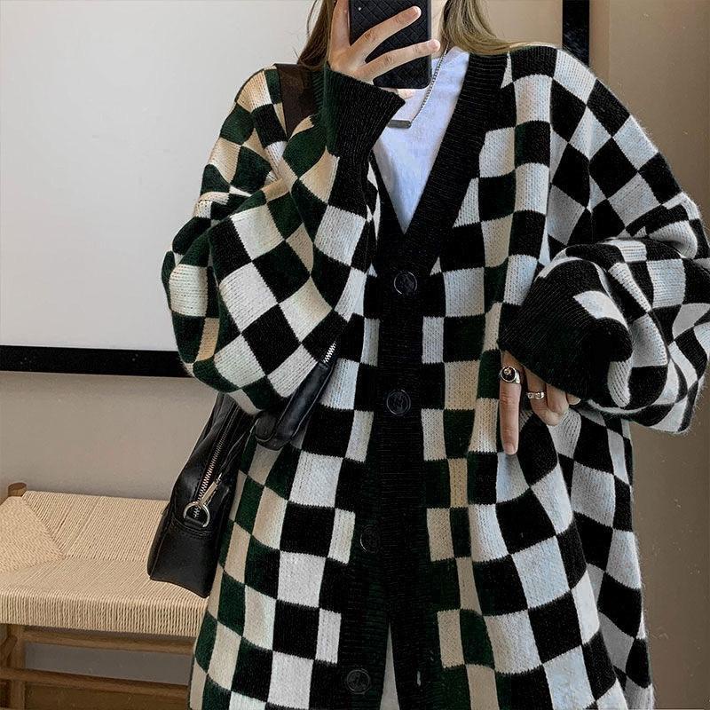 áo len nữ form rộng tăm cộc tay trễ vai mỏng cổ lọ áo khoác carigan thom browne local brand ngắn tay dày hàn quốc dài tay rách Áo khoác len cardigan plus size form rộng sọc caro phong cách retro