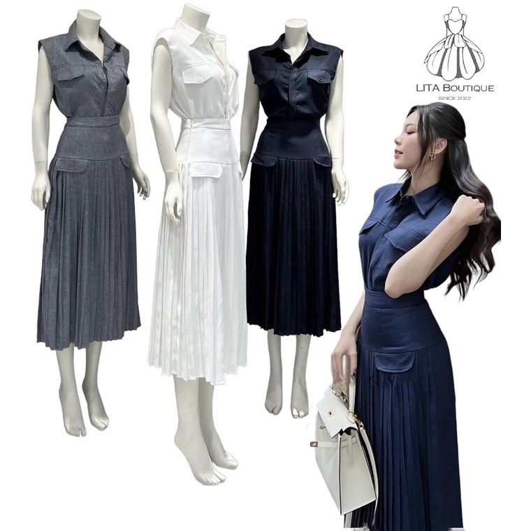 Set Bộ LITA Boutique S35 ÁO SƠ MI VÀ CHÂN VÁY XẾP LY DÀI phong cách Hàn quốc trẻ trung, SANG TRỌNG