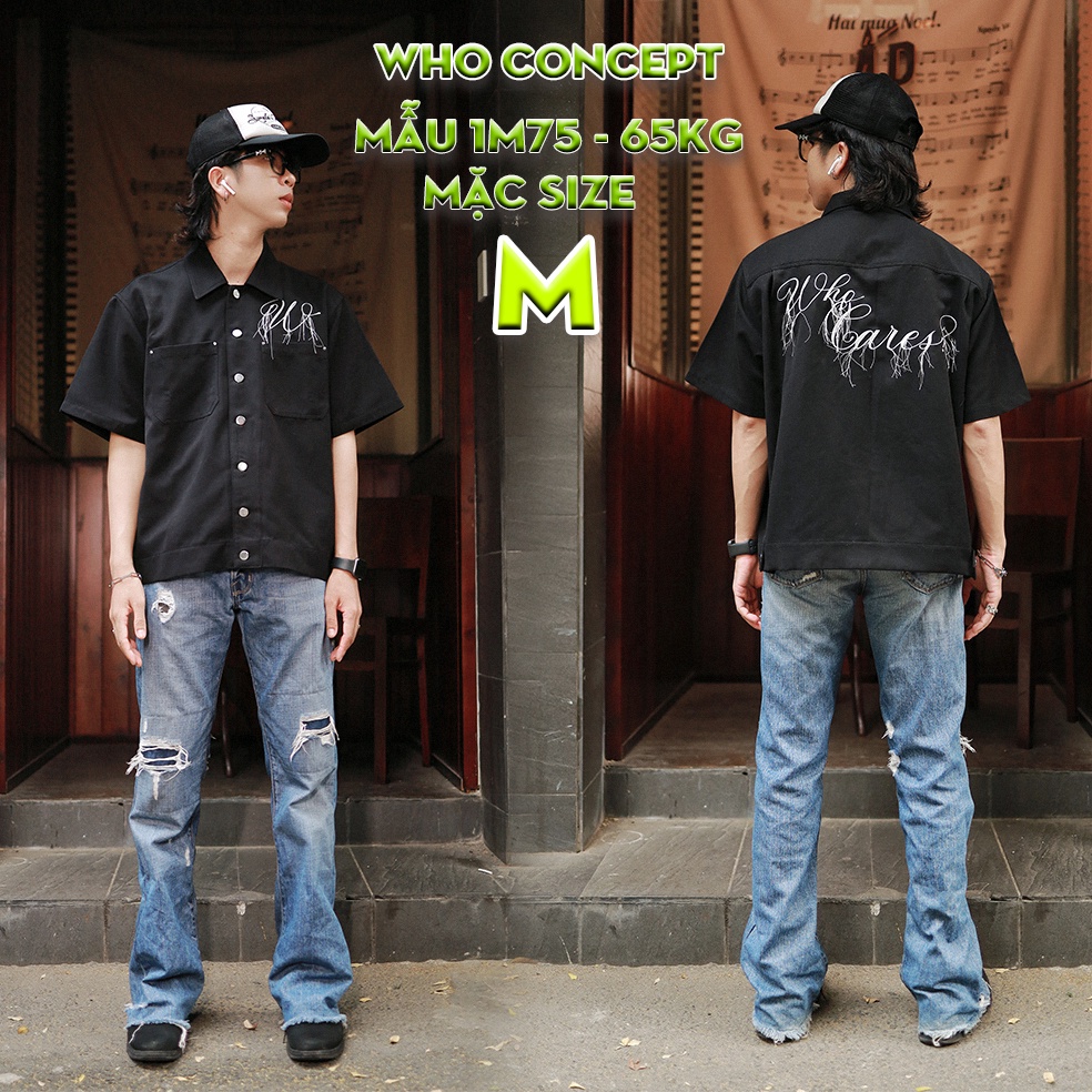 Áo sơ mi tay ngắn WHO CONCEPT, sơ mi boxy màu đen, nút kim loại