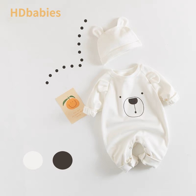 HDbabies Áo liền quần cho trẻ sơ sinh Bé trai bé gái mềm mại thoáng khí dễ thương in hình gấu với nút chụp