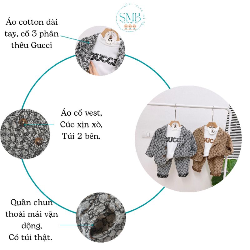 Sét dạ bé trai 22429 Sét 3 chi tiết, áo cotton thêu Gucci cổ 3 phân dài tay, áo khoác dạ cổ vest có túi, quần dạ có túi