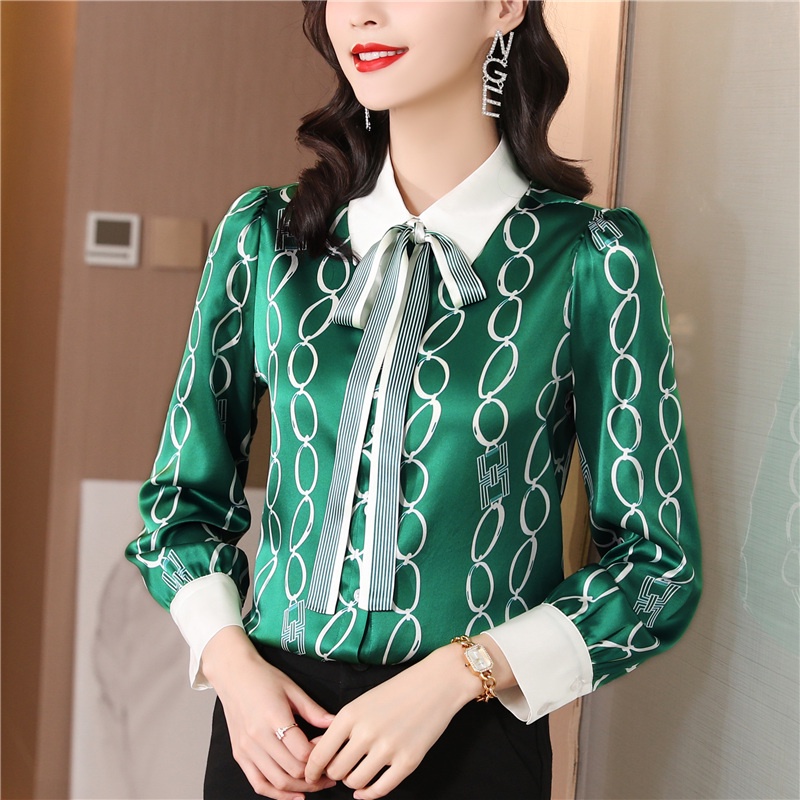 Áo Sơ Mi Lụa Satin Cao Cấp Tay Dài In Họa Tiết Thời Trang Xuân Thu 2023 Cho Nữ