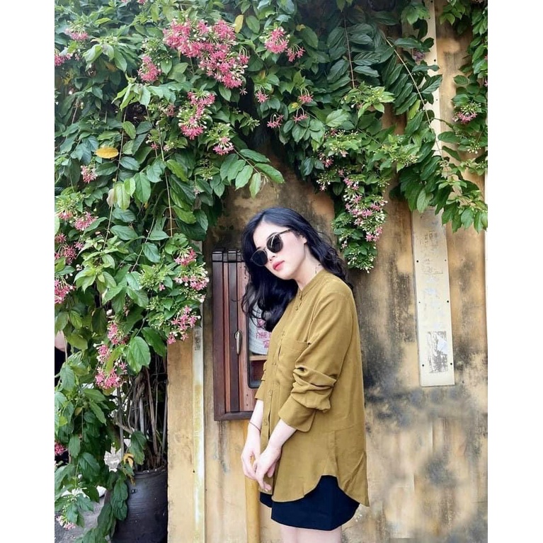 A666- SƠ MI NỮ DÀI TAY NÂU CỔ TÀU
