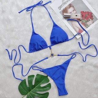[BKN2200] <ÂU> SET BIKINI XANH COBALT MIX ĐÁ DÂY EO (LỌT KHE)