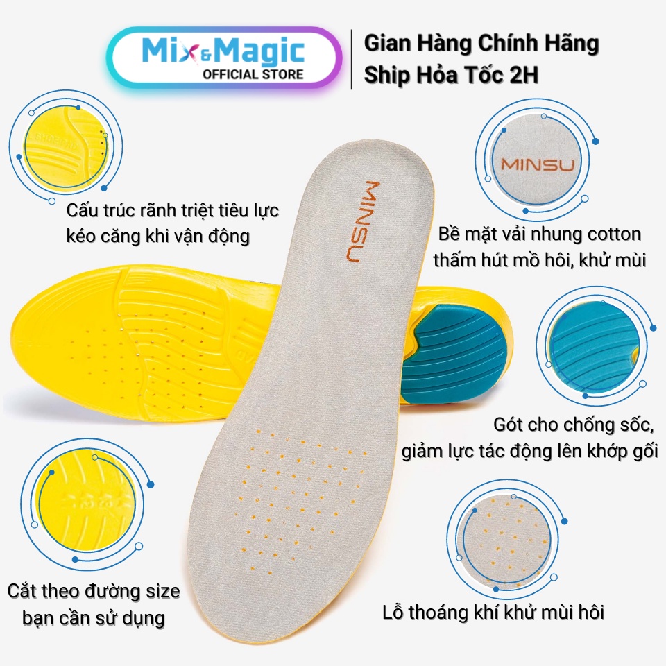 Lót Giày Thể Thao Sneaker Gel Chống Thốn Gót MINSU M2303 Cao Su EVA Êm Ái, Thấm Hút, Khửi Mùi Hôi Chân