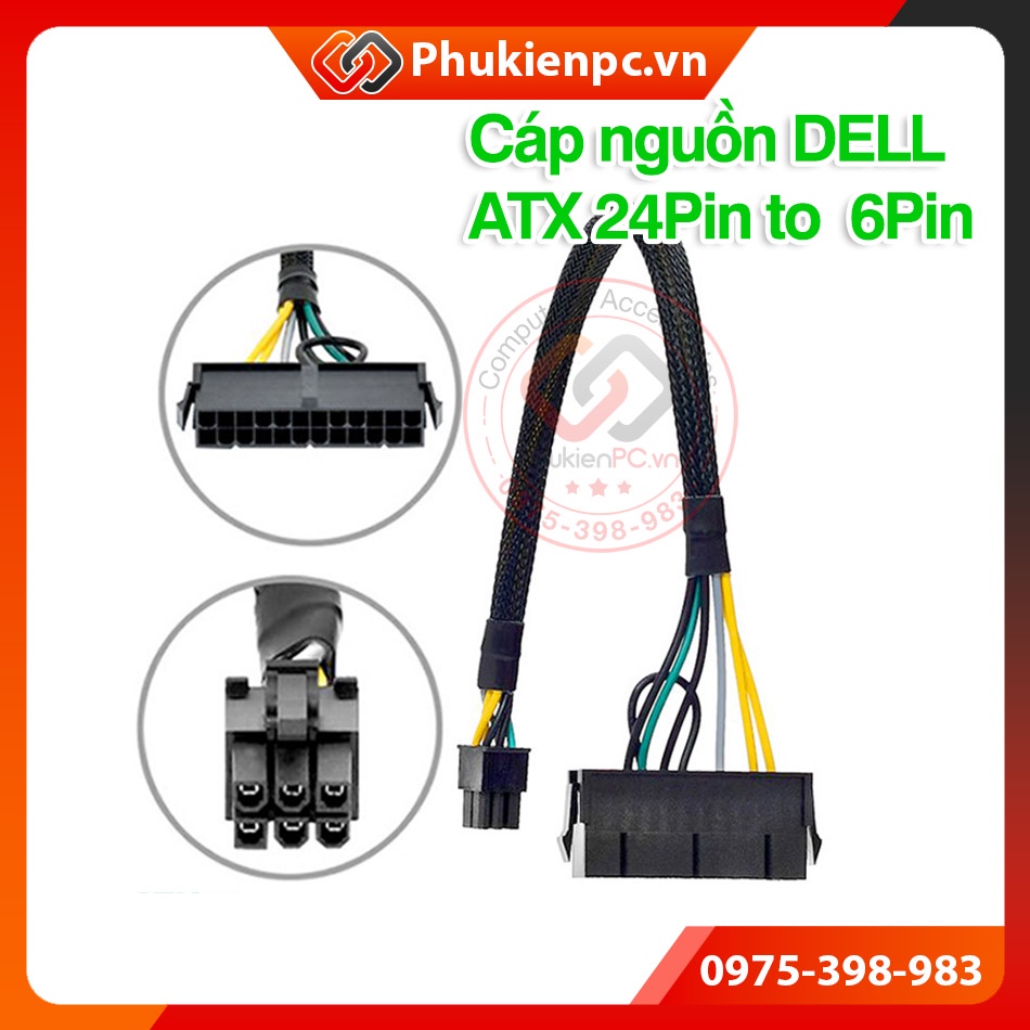 Cáp chuyển nguồn ATX 24pin sang 6pin mainboard DELL 3650 3040 7040. Dùng thay thế nguồn thường cho máy tính đồng bộ DELL