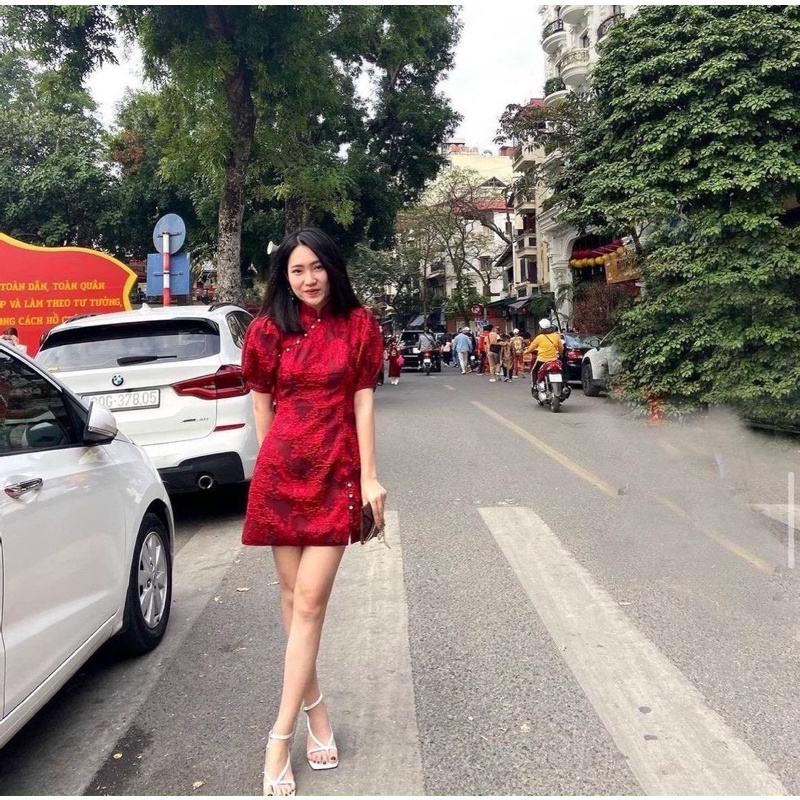 Đầm gấm hoa in nổi cổ tàu tay phồng xinh xắn Luna Dress