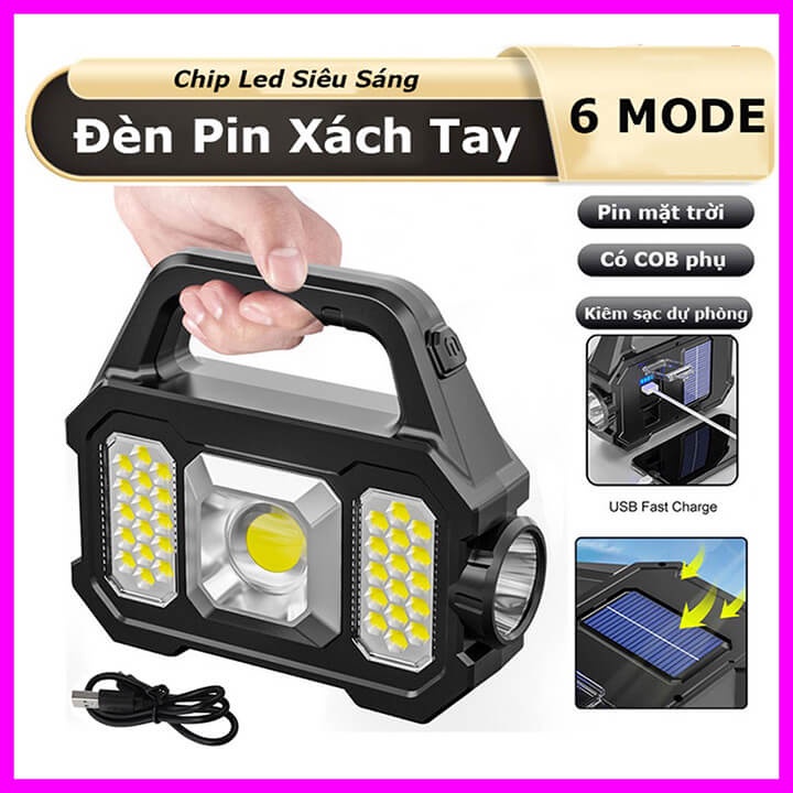 Đèn pin xách tay siêu sáng, Đèn Led cầm tay năng lượng mặt trời 6 chế độ, kiêm sạc dự phòng