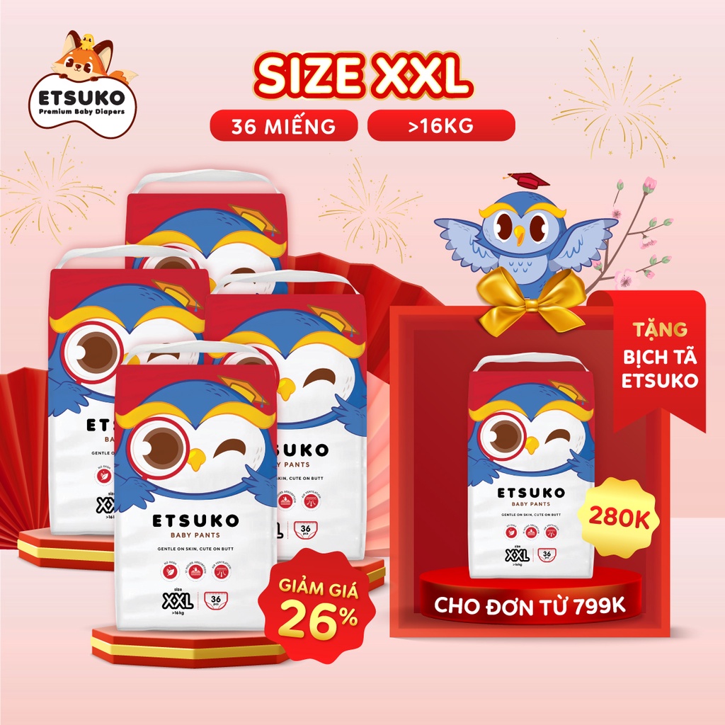 *MUA 4 TẶNG 1*Combo 4 bịch tã quần Etsuko size XXL 36 pcs