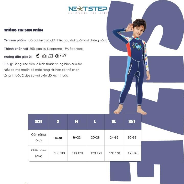 Đồ bơi bé trai, giữ nhiệt, liền thân tay dài quần dài chống nắng, chất liệu Cao su neoprene dày 2mm size từ 14kg - 36kg