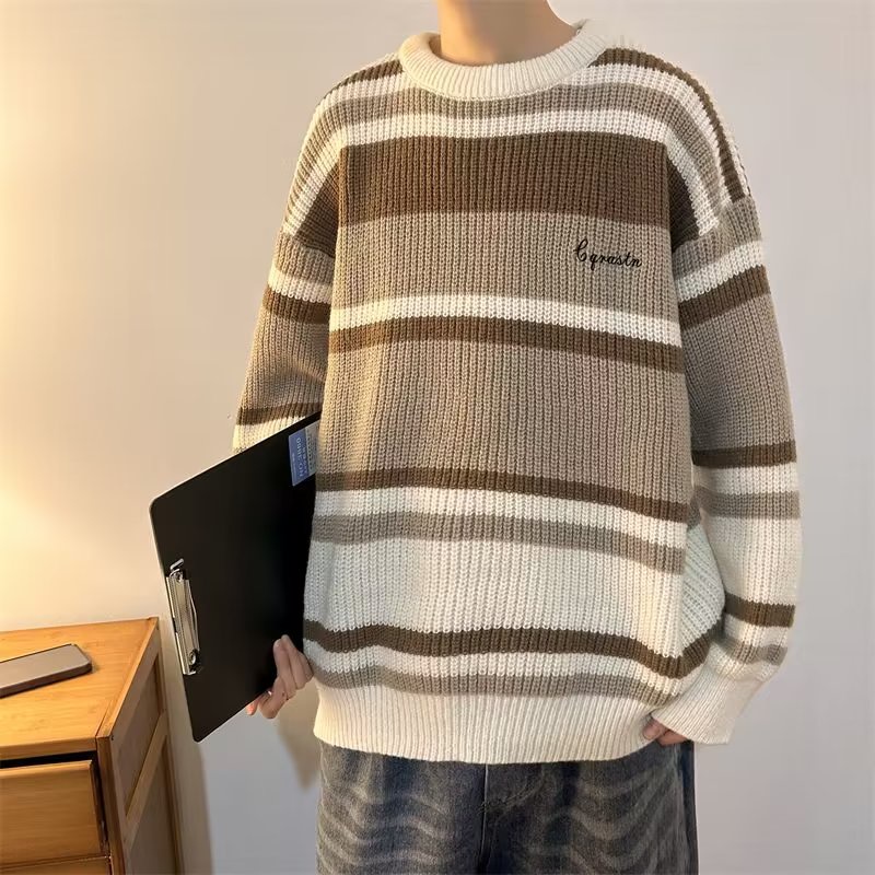 Áo Sweater Dệt Kim Tay Dài Cổ Tròn Họa Tiết Kẻ Sọc Thời Trang Thu Đông 2022 Cho Nam