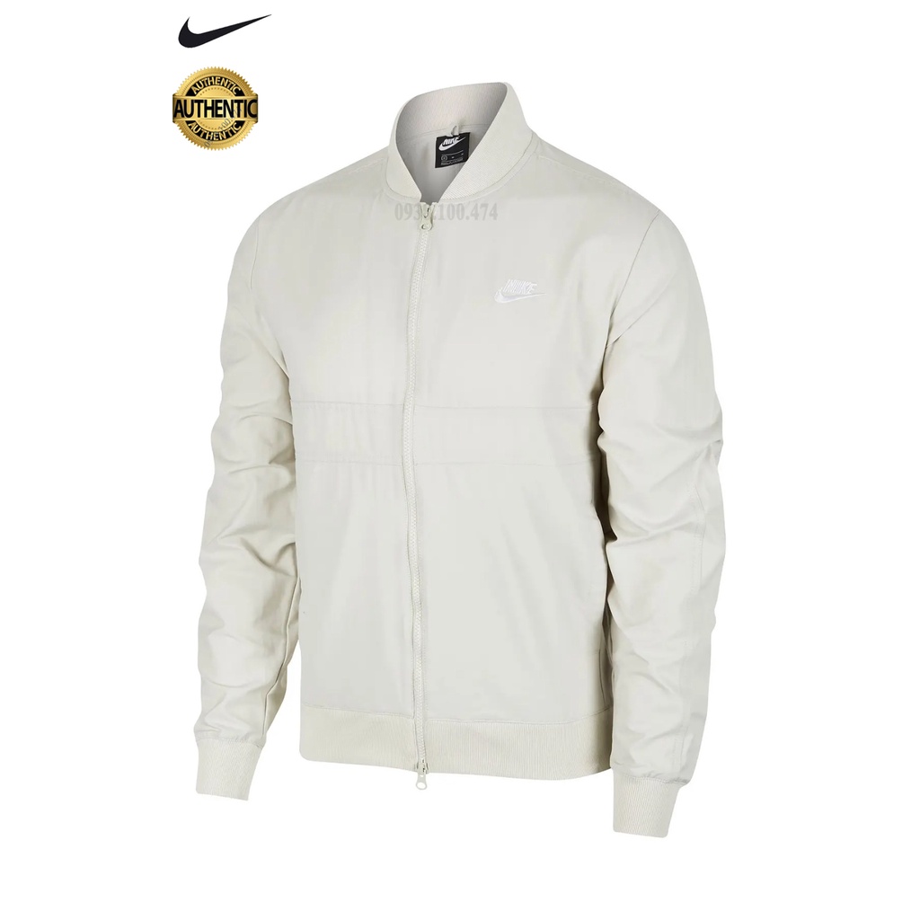 Áo khoác bomber nam Nike chính hãng màu trắng xám 1 lớp vải 62% Cotton 38% Nylon