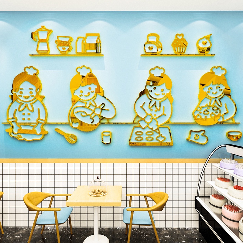 Cửa hàng tráng miệng Tranh mica cô gái làm bánh Acrylic dán tường tự dính 3D dán tường quán cà phê tranh dán tường trang trí
