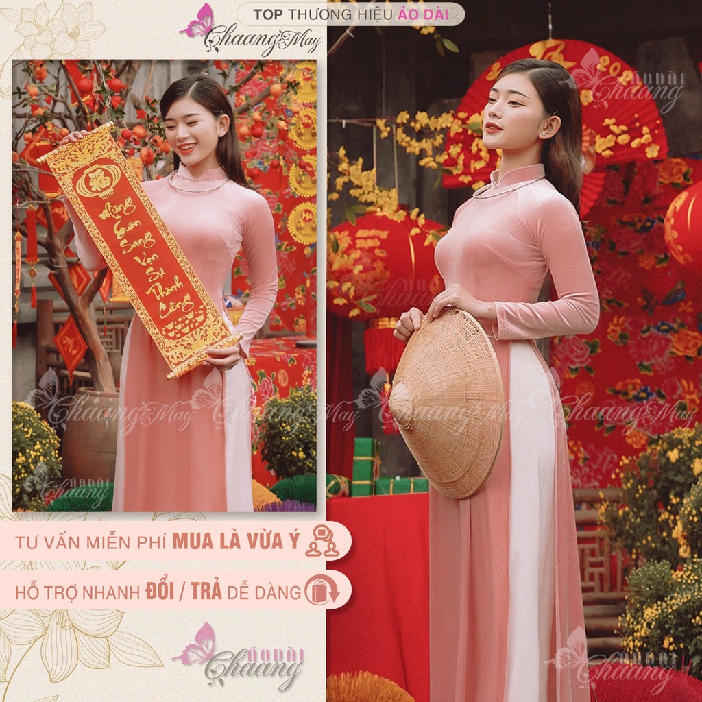 Áo dài nhung hồng ruốc tây nhìn yêu mắt Chaang May sẵn dáng truyền thống dự tiệc lễ tết đẹp ADC717