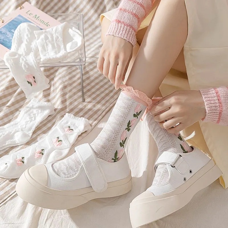 Bộ 5 Đôi Vớ Cotton Mềm Mại Thoáng Khí Chống Trượt Thêu Hoa Phong Cách Lolita Ngọt Ngào